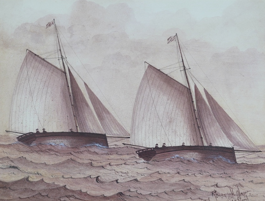 From the Studio of Fred Cuming. Late 19th/early 20th century naïve School, sanguine watercolour, 'Smacks', indistinctly signed and inscribed lower right, 28 x 37cm. Condition - fair to good
